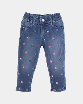 Jeans a lavaggio medio stone washed con ricami floreali rosa e blu all-over 9-24 mesi