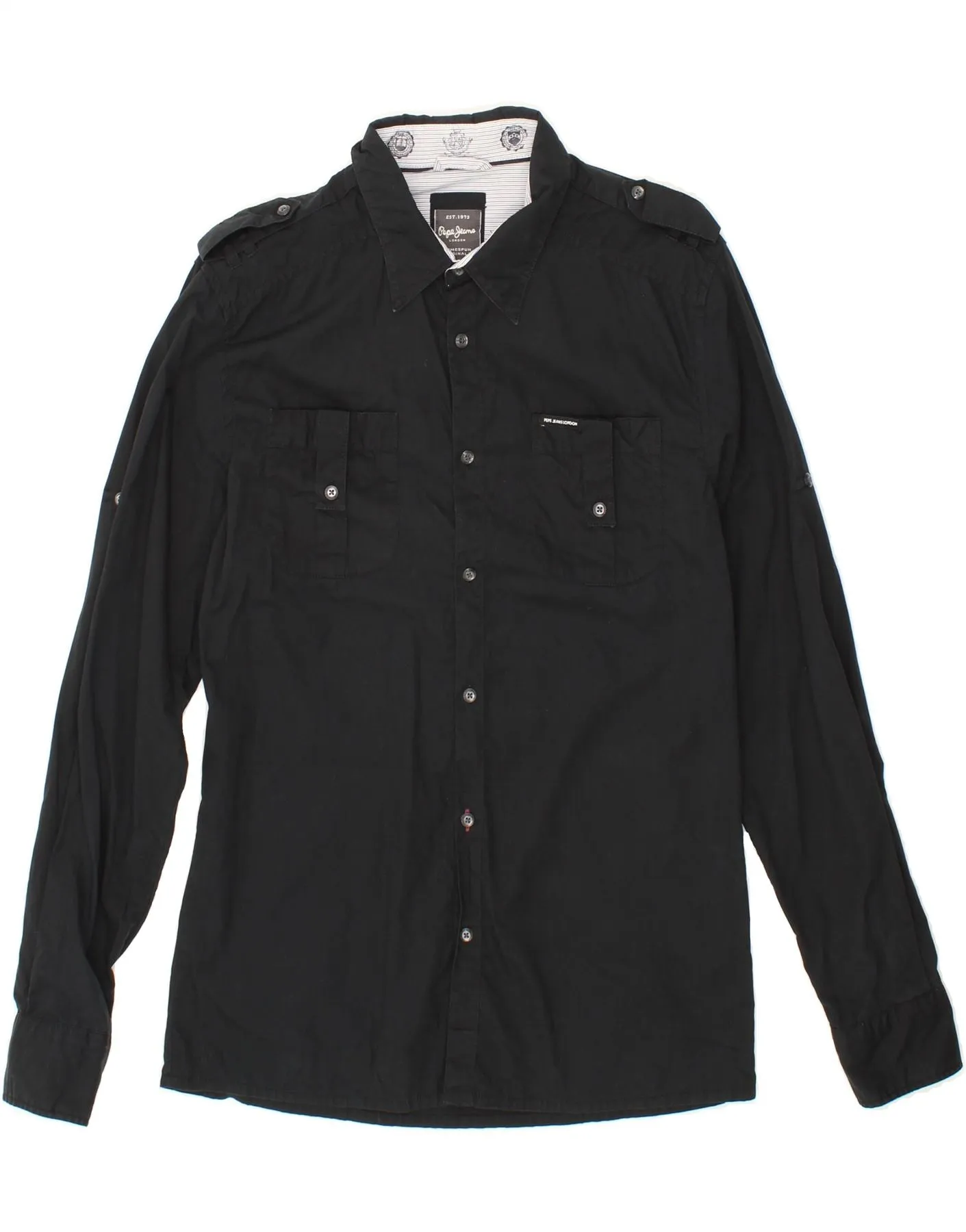 PEPE JEANS Mens Slim Fit Military Shirt Small Black Cotton